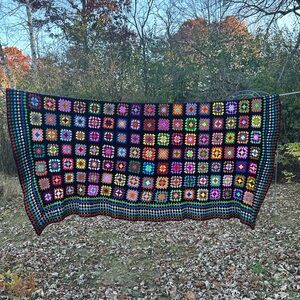 Vintage Handmade Crochet Granny Square Blanket Throw Boho Retro Roseanne Y2K
